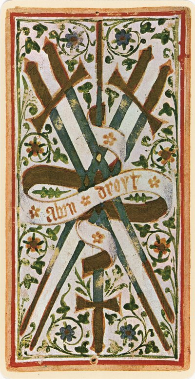 De Vijf van Zwaarden, facsimile van een tarotkaart uit het 